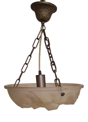 Art Deco French Ceiling Lamp with Matt Pressed Glass Shade & Floral Decoration on Brass Mount by J. Mougin