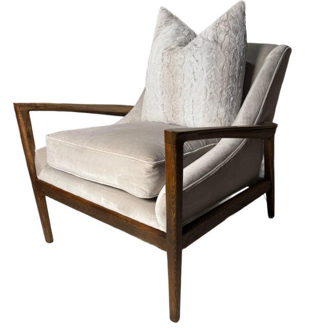 Fabulous modern mid-century styled pair of club chairs. Freshly upholstered in velvet fabric with lovely striped faux fur...