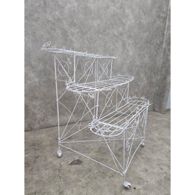 Vintage White Wire 3-Tier Rolling Plant Stand on Casters For Sale - Image 4 of 10
