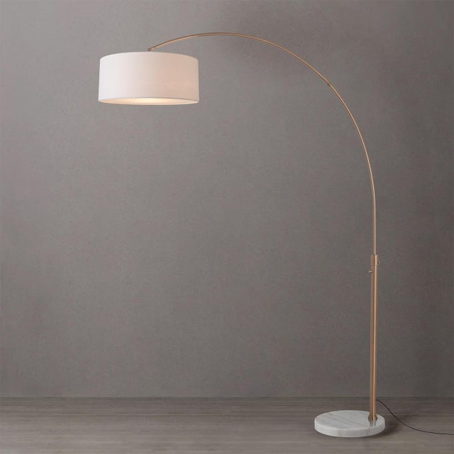 Mid-Century Modern 1960s Adjustable Mid Century Brass Floor Lamp 92" Modern Arc Lamp, Dimmable, White Linen Shade, White Marble Base For Sale - Image 3 of 4