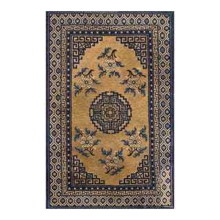 1920s Tan Camel Medallion Traditional Antique Chinese Baotou Carpet 4' X 6'2'' Knotted Wool Rug For Sale