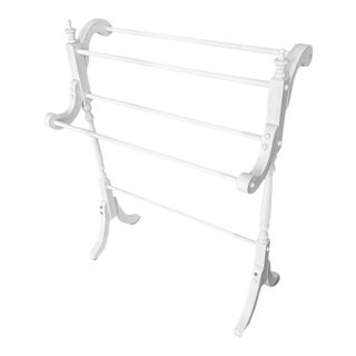 Vintage White Wood Quilt Rack Stand-Farmhouse-Towel-Blanket Holder-Linen-Throw For Sale