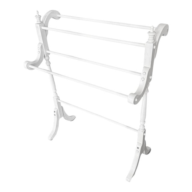 Vintage White Wood Quilt Rack Stand-Farmhouse-Towel-Blanket Holder-Linen-Throw For Sale