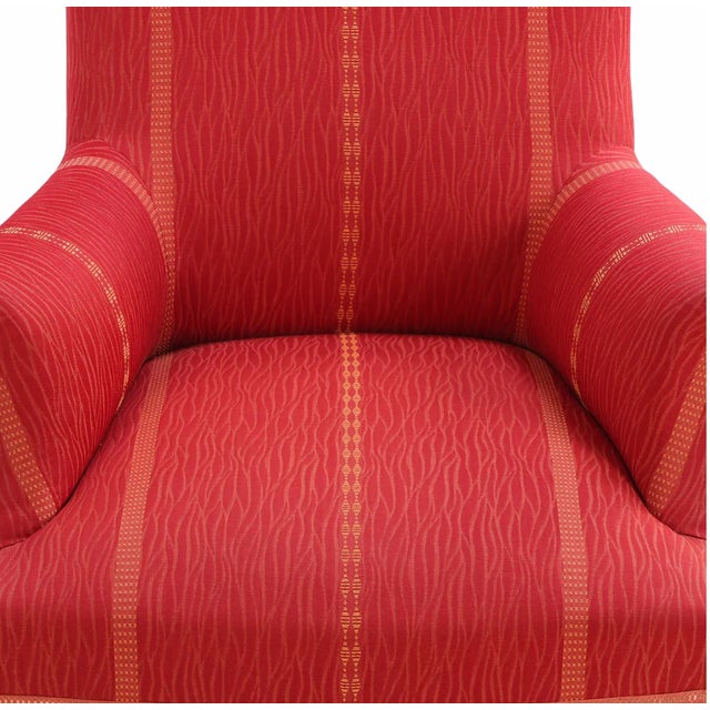 Near Pair of Edwardian Walnut Library Armchairs in Crimson Striped Upholstery, C. 1900 For Sale In New York - Image 6 of 6
