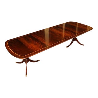 Flame Mahogany Two Pedestal Banded Dining Table W 2 Leaves For Sale