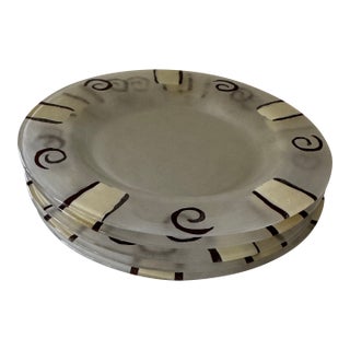 Set of 5 Vintage Frosted Glass Appetizer/Salad Plates | Brown Swirl & Cream Block Border | 1990s Postmodern Dinnerware | Retro Side Plates For Sale