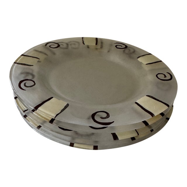 Set of 5 Vintage Frosted Glass Appetizer/Salad Plates | Brown Swirl & Cream Block Border | 1990s Postmodern Dinnerware | Retro Side Plates For Sale