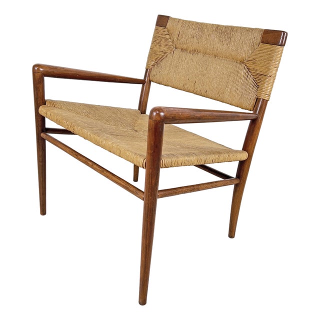 C. 1950s Mel Smilow Walnut Lounge Rush Seat Arm Chair For Sale