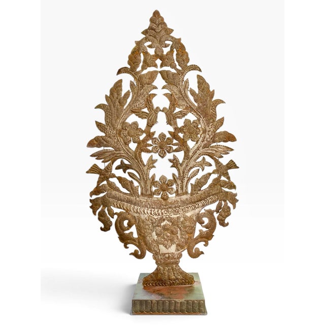 A Pair of Metal Repoussé Urn Form Garnitures on Stands For Sale - Image 4 of 5