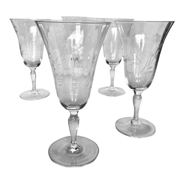 Vintage Clear Floral Etched Wine Glasses Set of 5 For Sale