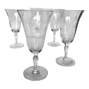 Vintage Clear Floral Etched Wine Glasses Set of 5