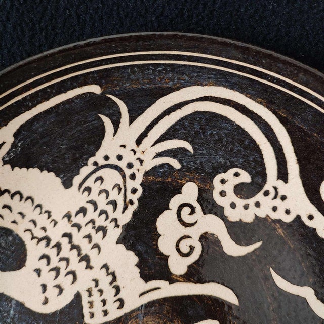 Ceramic Chinese Ceramic Plate,Jizhou Ware Black Glaze Porcelain Plate Hand Carved Double Phoenix Pattern For Sale - Image 7 of 10