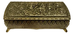 Vintage Red Velvet Lined Gold Tone Floral Embossed Metal Jewelry Box Japan (D9).