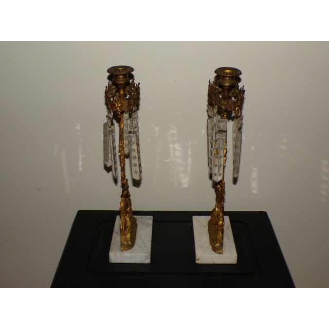 Pair Antique Victorian Girandoles Brass Marble Crystal Candelabra Candle Holders For Sale In Boston - Image 6 of 15