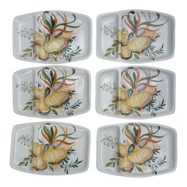 Vintage Mancioli Italian Hand-Painted Onion Divided Serving Platter Plates | Made in Italy, Set of 6 For Sale