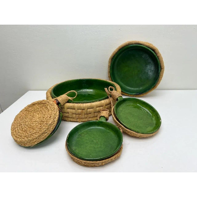 Vintage French Green Ceramic Glazed Bowls with Straw Base, 1970s, Set of 5 For Sale - Image 12 of 12