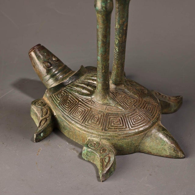 Vintage Bronze Boshan Incense Burner With Turtle & Crane — Han-Style Mountain Censer, 19.7 in Tall, Asian Antique Decor For Sale - Image 10 of 10