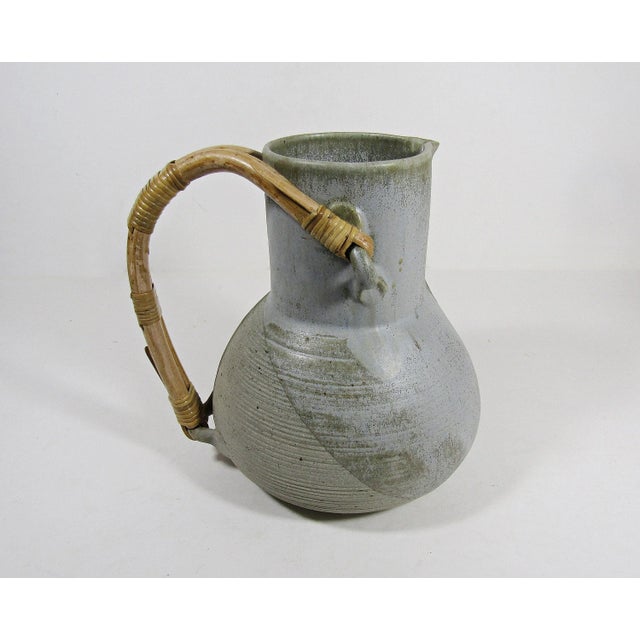 1990s Handcrafted Studio Pottery Art Rustic Modern Water Pitcher With Bamboo Handle For Sale In Austin - Image 6 of 10