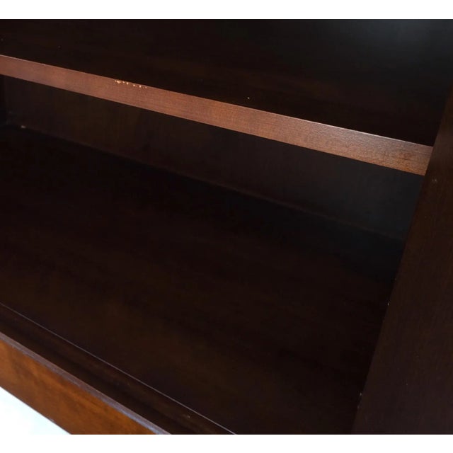 Campaign Style brass walnut mid century drawers doors compartment long credenza dresser sideboard on bracket shape legs.