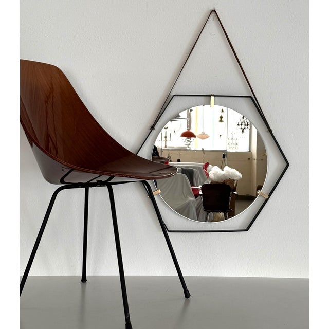 Italian Floating Esagonal Wall Mirror with Leather Strap and Brass Details, 1960 Gorgeous floating wall mirror from the...