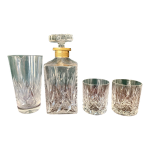 French Hand Cut Crystal Whisky Carafe/ Decanter, Two Crystal Tumbler Glasses & Mixing Pitcher, Circa 1960