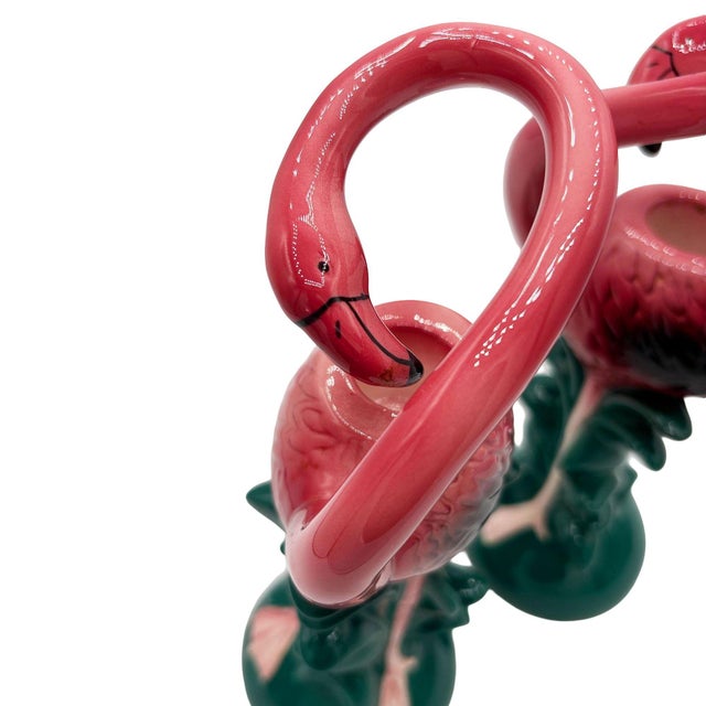 1980s 1986 Tropical Pink Flamingo Ceramic Candle Holder Pair by Five & Dime For Sale - Image 5 of 6