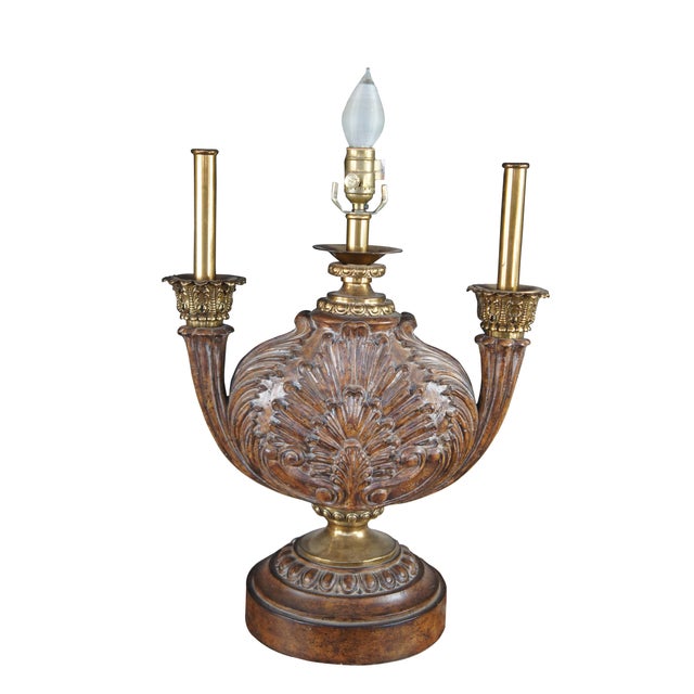 Pair of two vintage Maitland Smith carved acanthus brass candlesticks/ candelabra buffet/banquet/table lamps. Includes...