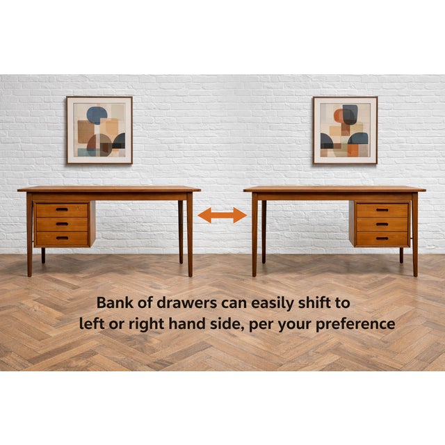 Danish Mid Century Modern Teak Double Sided Desk, Made in Denmark, c. 1960's. The bank of drawers can easily shift from...
