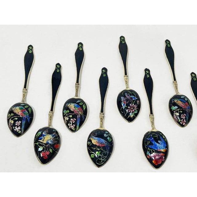 Enamel and Gilt Silver Teaspons by Gustav Hellstrøm, Norway, 1890s, Set of 12 For Sale - Image 3 of 11
