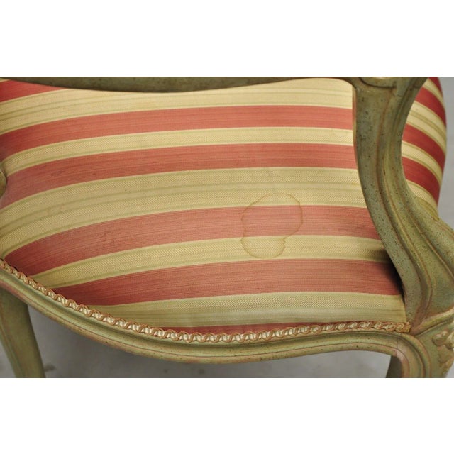 Pink Vtg French Louis XV Style Green & Pink Painted Arm Chair Fauteuil Striped Fabric For Sale - Image 8 of 13