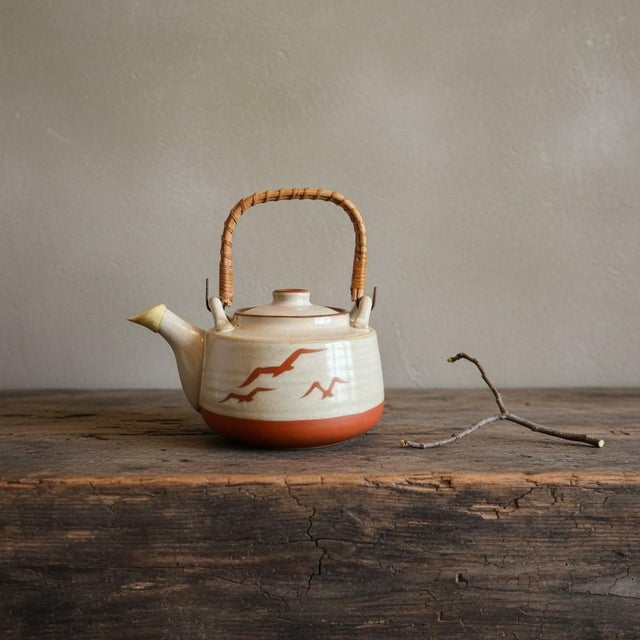 Mid-Century Modern Vintage Mid-Century Modern Otagiri Japan Stoneware Seagull-Rattan Handle-Ceramic-Coastal Teapot For Sale - Image 3 of 11