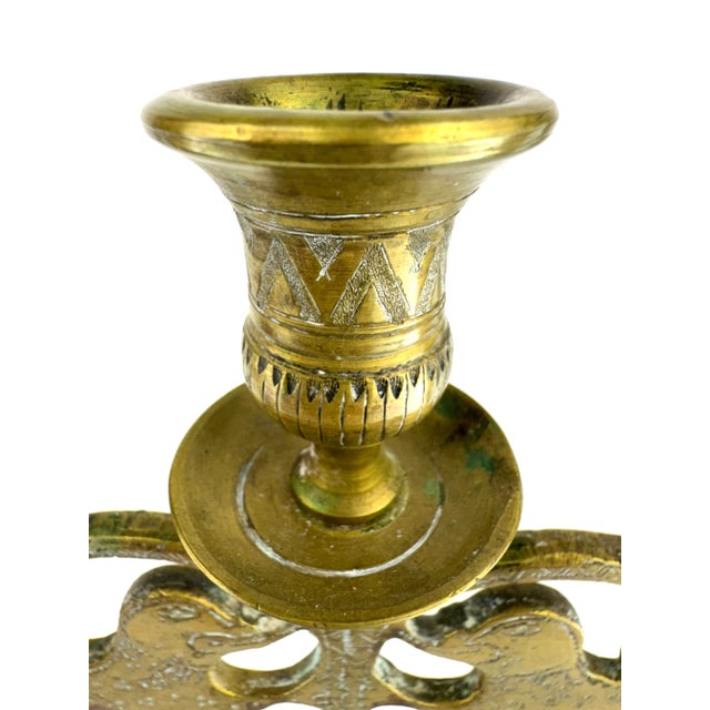 Metal Ornate Vintage Brass Five-Arm Candelabra With Stylized Lions and Hand-Etched Detail For Sale - Image 7 of 16