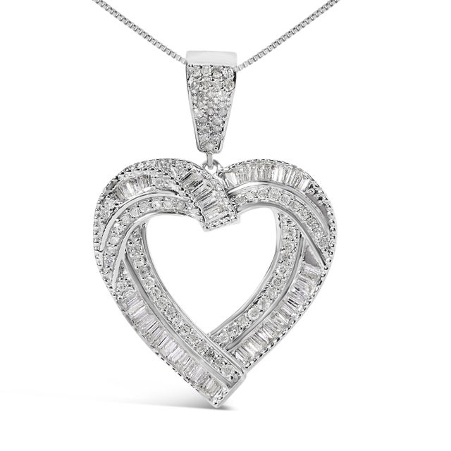 Contemporary .925 Sterling Silver 1.00 Cttw Baguette and Round Diamond Open Heart Pendant Necklace For Sale - Image 3 of 4