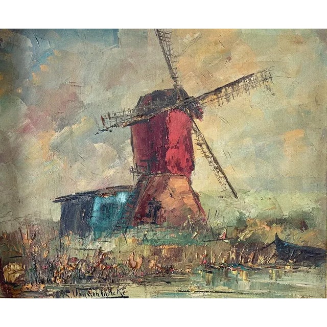 Franco-Belgian artist born in 1921 in Paris. The paint shows a red Dutch red mill. The canvas is framed and in very good...