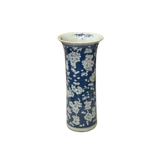 Vintage Chinese Blue White Blossom Wide Mouth Column Porcelain Vase For Sale - Image 9 of 9