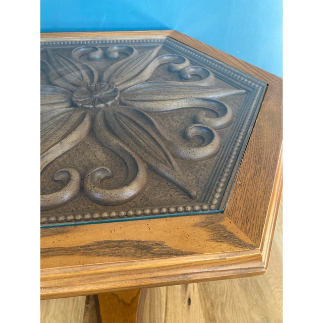 Mid-Century Modern Vintage Hexagonal Wood & Glass Accent Table With Carved Top For Sale - Image 3 of 10
