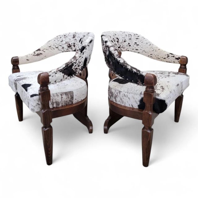 Modern Asian Inspired Carved Curved Back 3 Leg Dining Chairs Newly Restored & Reupholstered in Tri-Color Salt & Pepper...