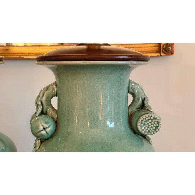Ralph Lauren Lamps Chinese Crackled Pottery Celadon With Pomegranate Handles -a Pair For Sale - Image 14 of 15