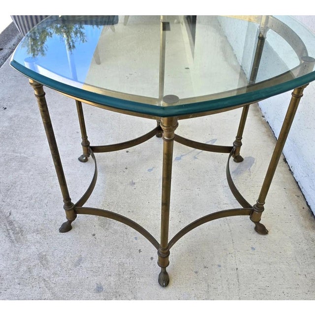 Metal Vintage La Barge Side Table Brass Glass Hoof Footed Octagonal Labarge For Sale - Image 7 of 12