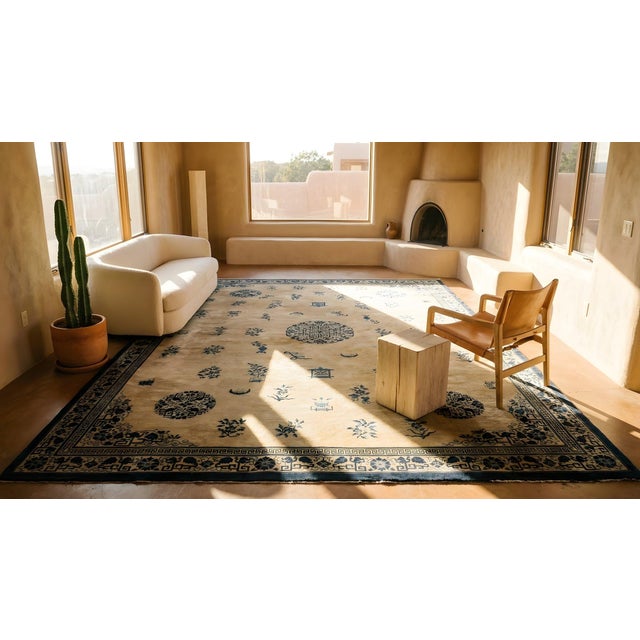 Beige Exceptional Floral Pattern on a Beige Open Field and Navy Border Antique Chinese Peking Rug For Sale - Image 8 of 9