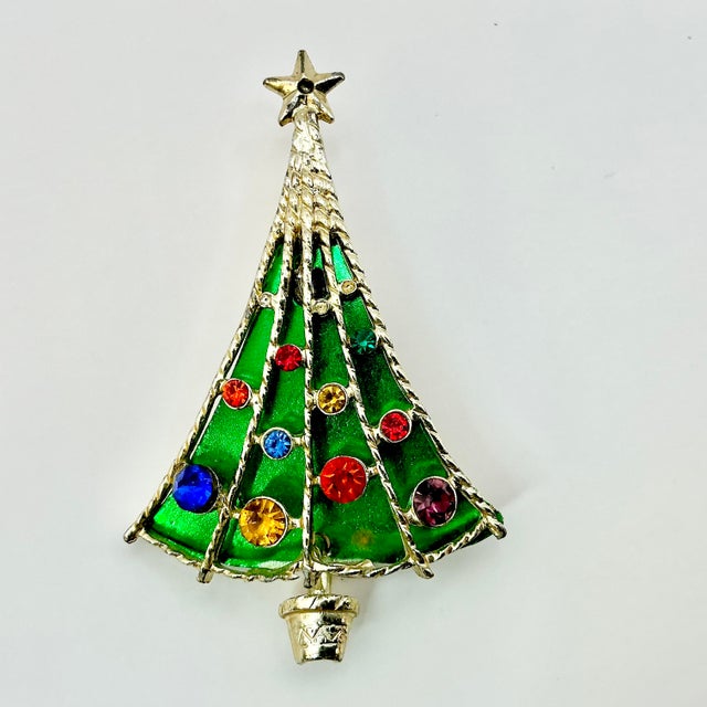 1970s Vintage Hollywood Regency Boho Chic Americana Christmas Tree Bejeweled Brooch, Beatrix Jewelry For Sale - Image 4 of 6