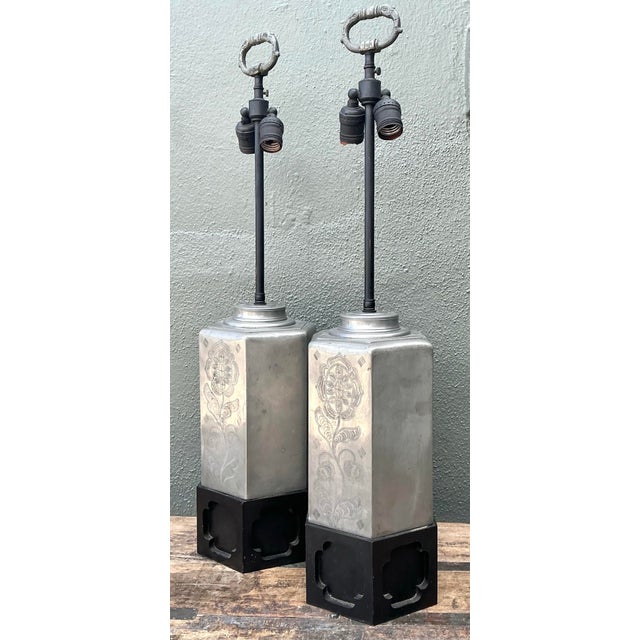 Silver Vintage Etched Metal Lamps - A Pair For Sale - Image 8 of 12