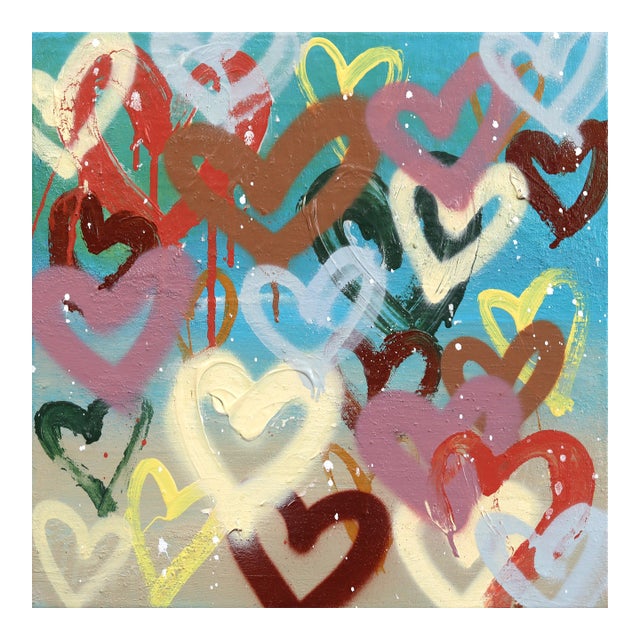 Lovers Unite - Color Drenched Graffiti Hearts Mixed Media Painting Original Artwork by Amber Goldhammer For Sale