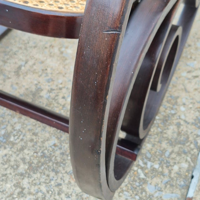 1970s Vintage Thonet Style Bentwood Cane Rocking Chair Dark Stained Frame For Sale - Image 11 of 12