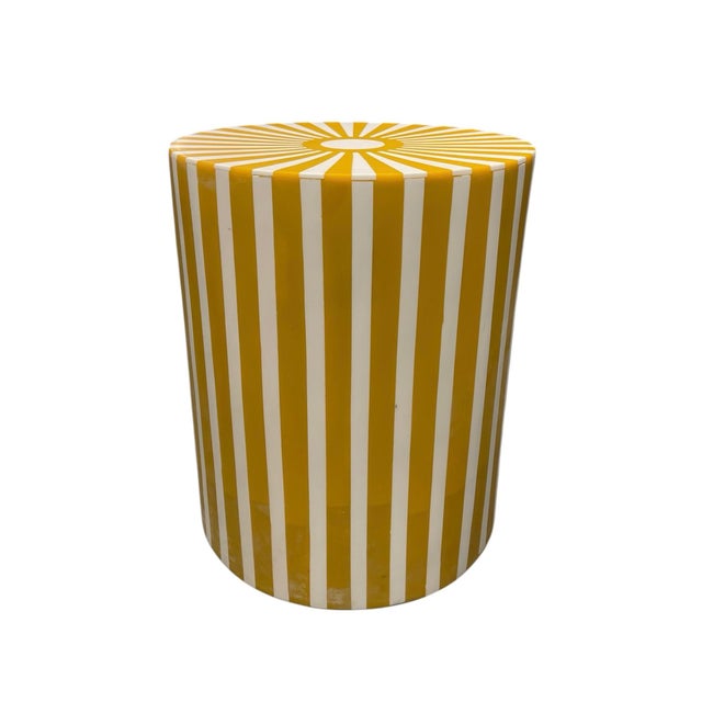 Contemporary Moroccan Resin-Inlay Sunburst Drum Stool or Side Table in Ochre & White For Sale In West Palm - Image 6 of 9