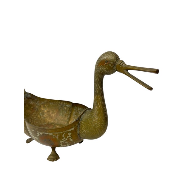 Copper Mid-Century Hand-Etched Double Duck Vessel With Floral Inlay For Sale - Image 8 of 10
