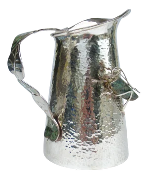 C.1970's -C.1980's Los Castillo, (Wolmar Castillo) Taxco, Mexico Hand-Hammered Silver With Malachite Gem Stones Water Carafe/Pitcher With Grasshopper