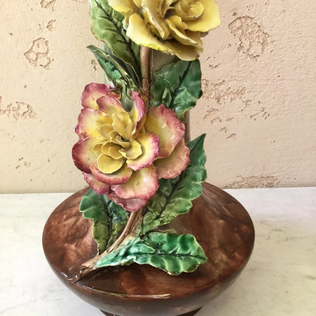 Large French Majolica pink and yellow flowers vase signed Fives Lille circa 1880. On the top diameter 4.7" , on the base 8"