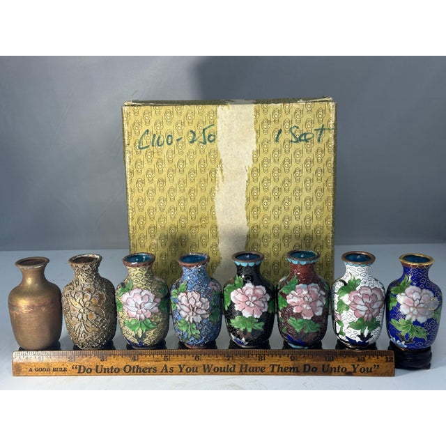 Vintage Chinese Cloisonne Vases: Enameling Process Set with Box For Sale - Image 9 of 10