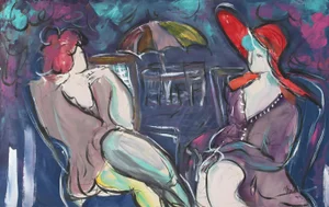 Two Women at Cafe, Batia Magal Acrylic and Pastel on Paper, Signed Lower Right